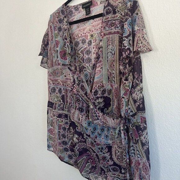 Lane Bryant Purple Paisley Plus Size 22/24 Wrap Blouse Floral Peasant bohemian - Picture 11 of 12